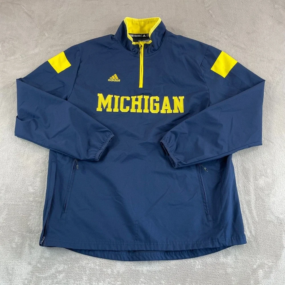 Adidas Michigan Wolverines Windbreaker Men Large‎ Blue Center Logo Climaproof